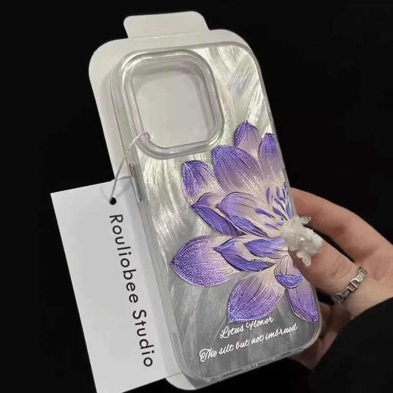 Blue Lotus design hard PC phone case for iPhone with included silicone component, shown in one of four colour variants.