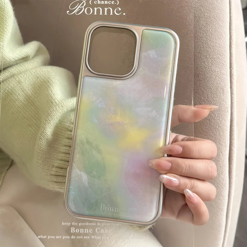 Marbling epoxy phone case with silver edge, green pink marble pattern for iPhone 15 Pro Max