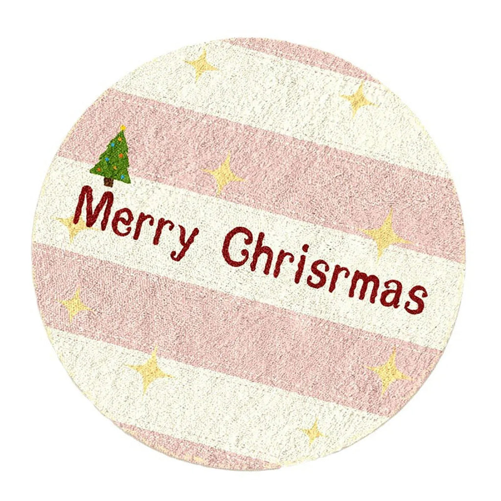 Round alien-shaped Christmas floor mat with festive patterns in imitation cashmere fabric.