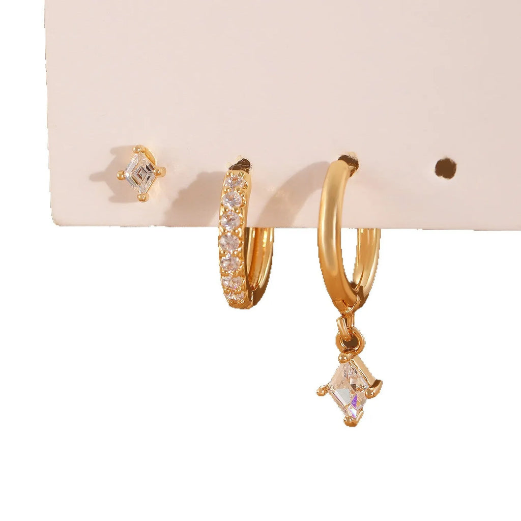 Ladies three-piece zircon earring set with geometrical designs in gold and silver colour options