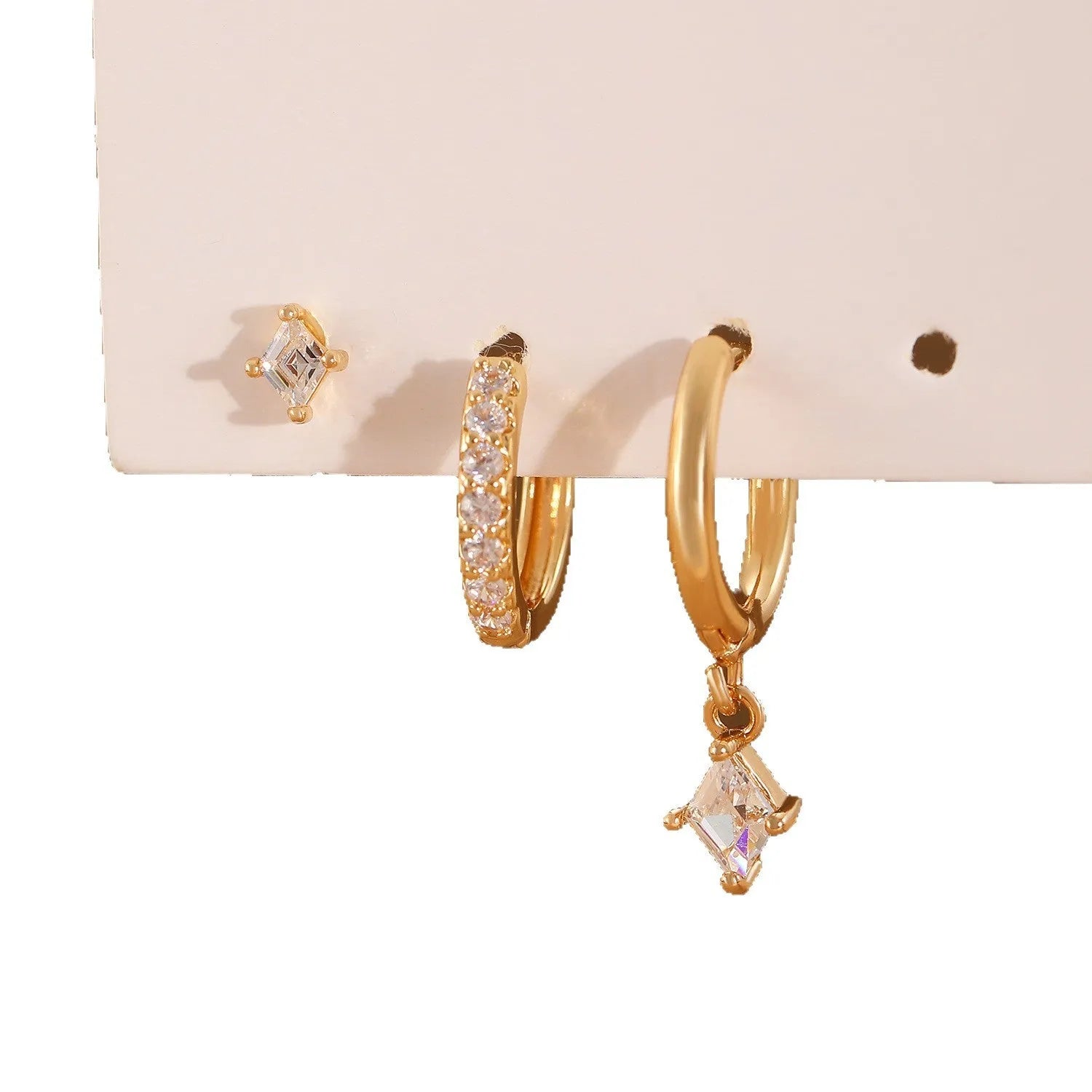 Ladies three-piece zircon earring set with geometrical designs in gold and silver colour options