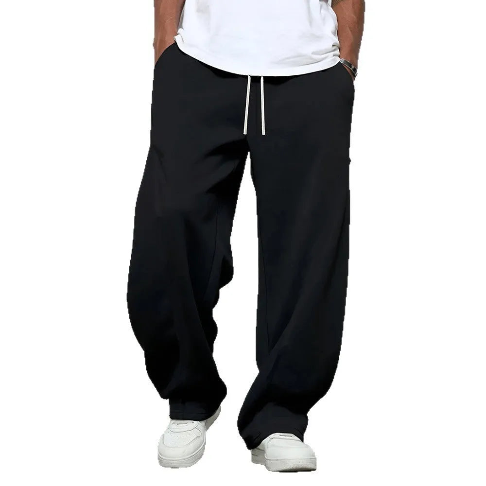Men's casual straight leg polyester trousers with elastic drawstring waist in solid colours