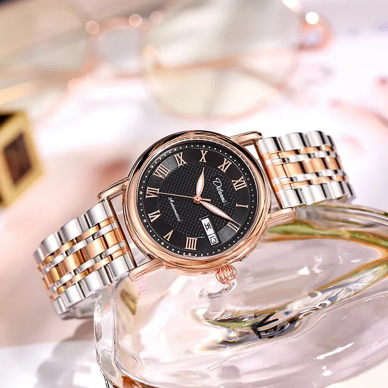 Automatic women's mechanical fashion watch with a 12mm thick case on a steel bracelet.