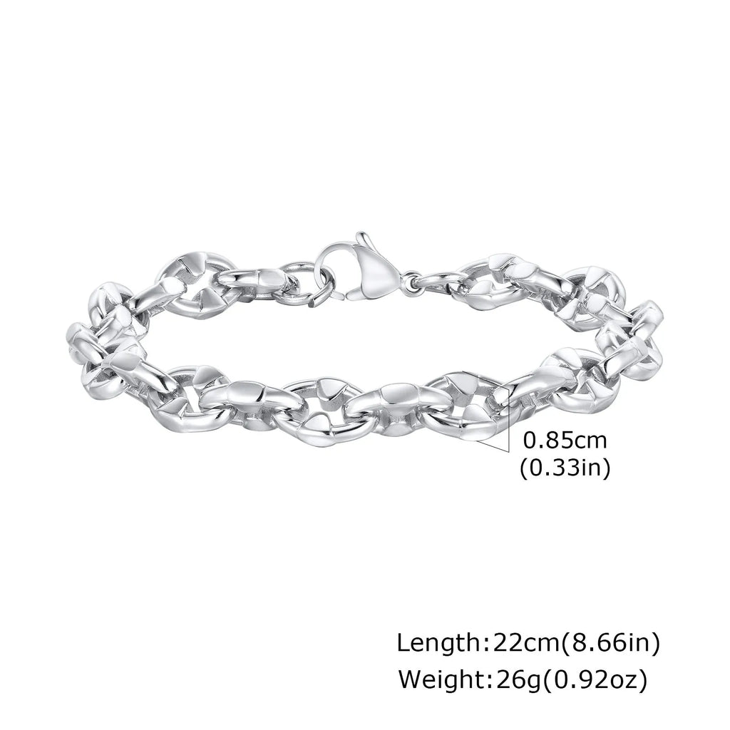Handmade thick stainless steel geometric chain bracelet for men, shown in steel colour.