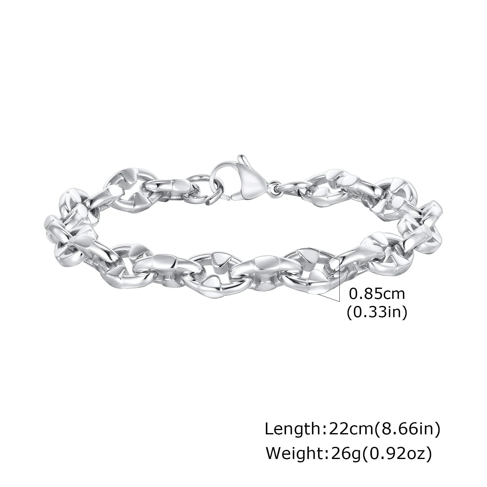 Handmade thick stainless steel geometric chain bracelet for men, shown in steel colour.