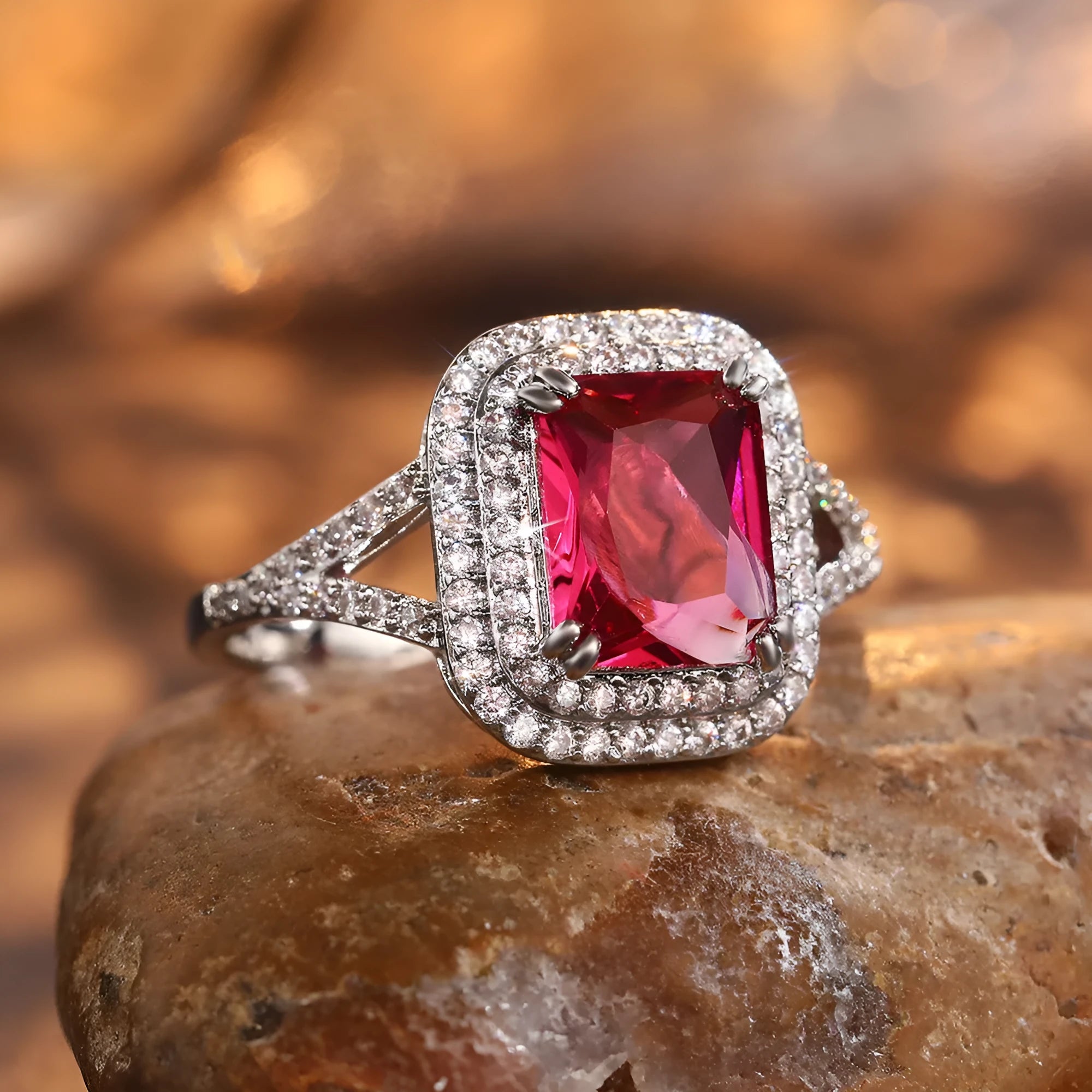 Copper square geometric women's ring with a central rhinestone in red colour