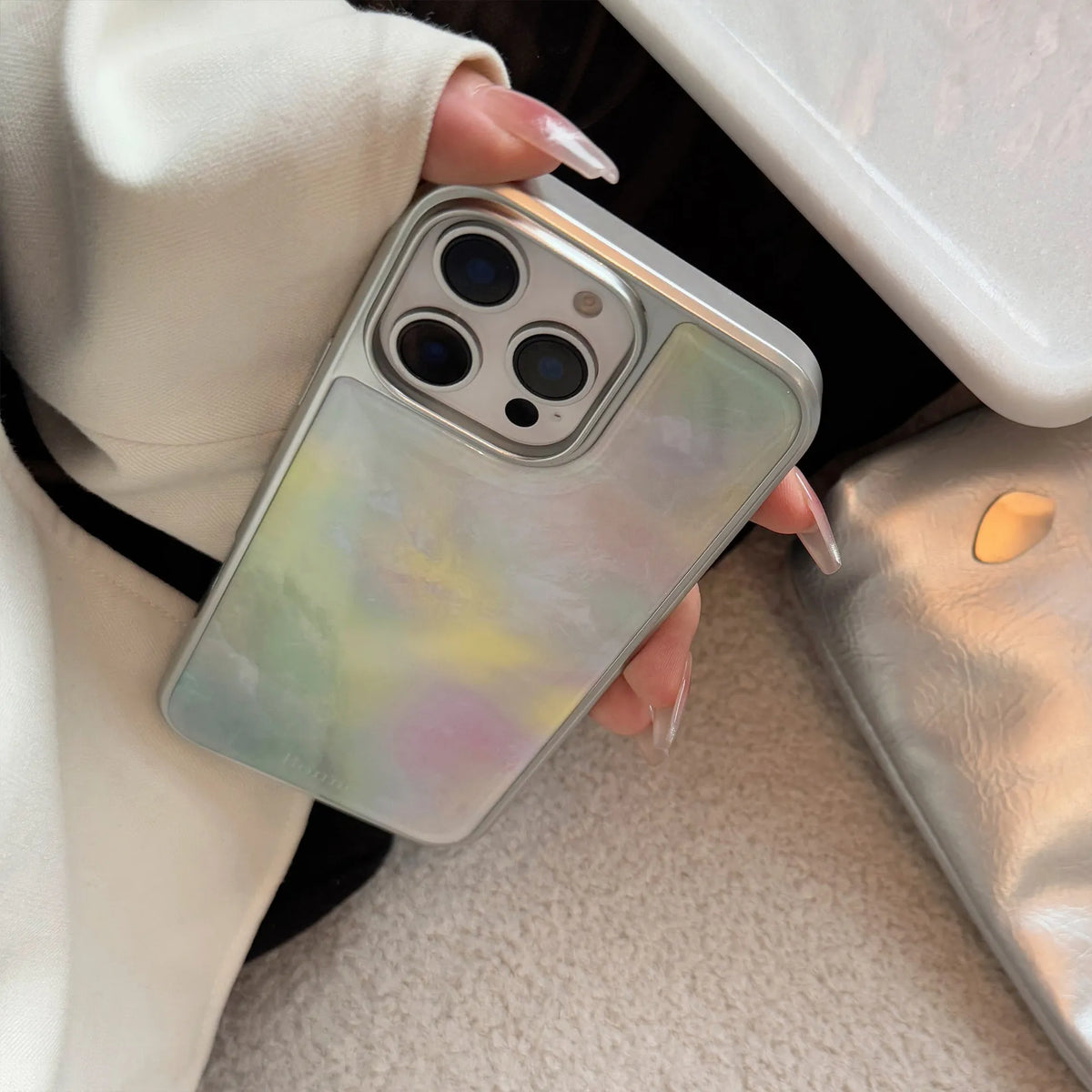 Marbling epoxy phone case with silver edge, green pink marble pattern for iPhone 15 Pro Max