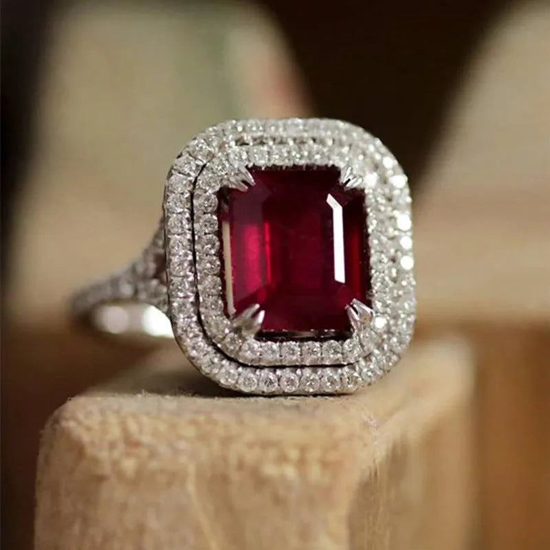 Copper square geometric women's ring with a central rhinestone in red colour