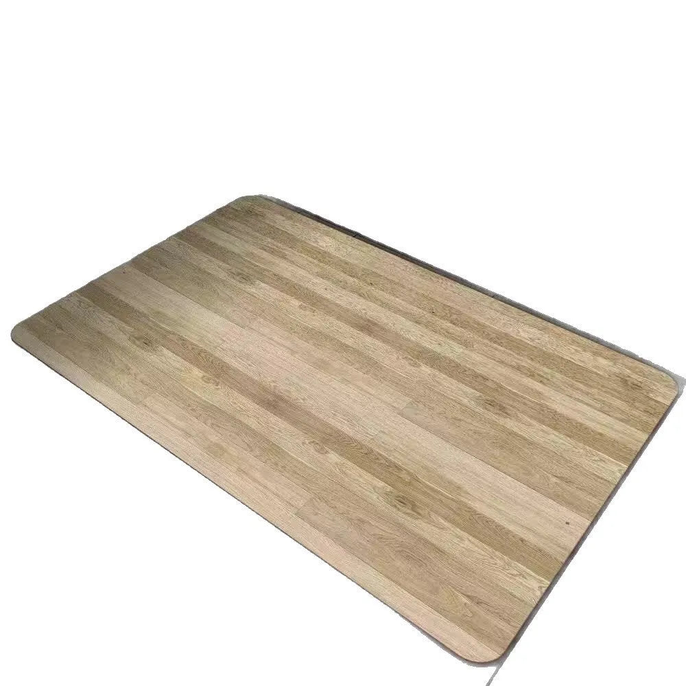 Square American wood grain patterned diatom ooze bathroom floor mat on a tiled floor.