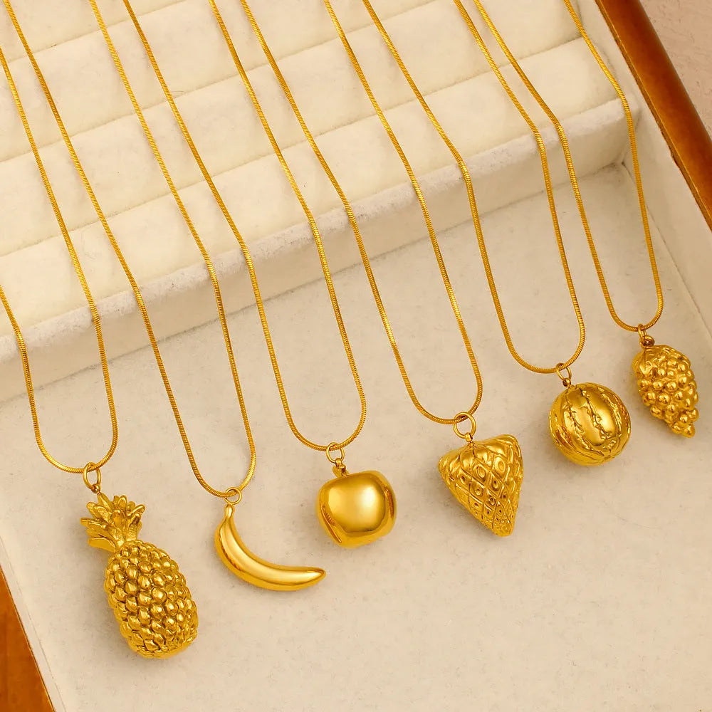 Stainless steel necklace with a detailed fruit-shaped pendant, options include apple, grape, and watermelon.
