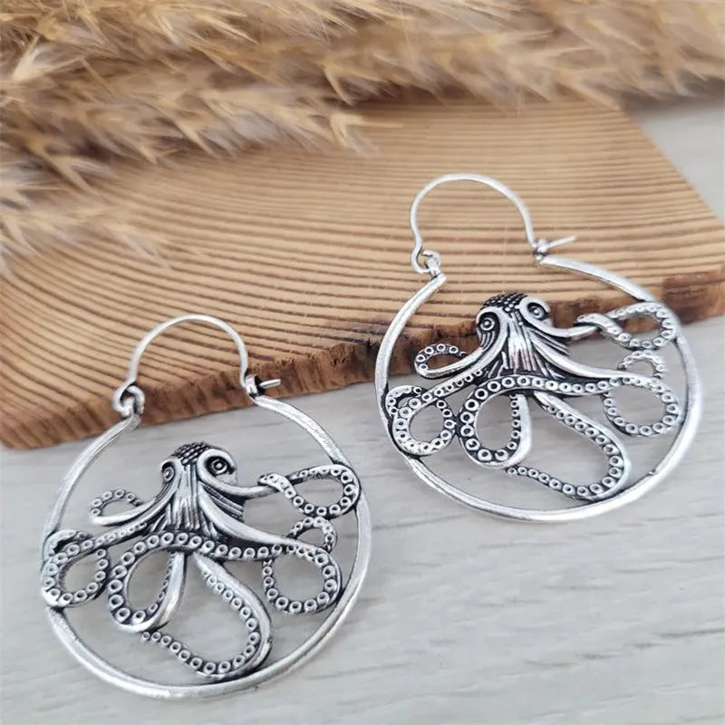 Vintage antique silver octopus earrings with detailed tentacle design on zinc alloy