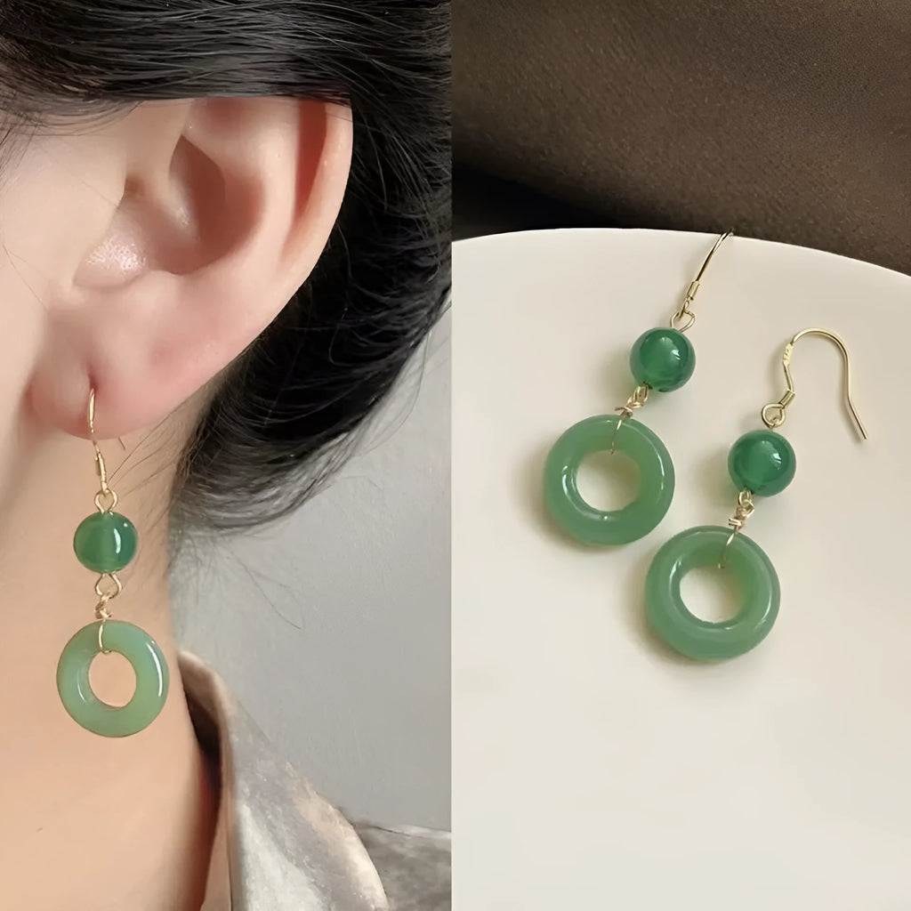 Green Chinese-style geometric peace buckle earrings with zinc alloy construction and gold plating