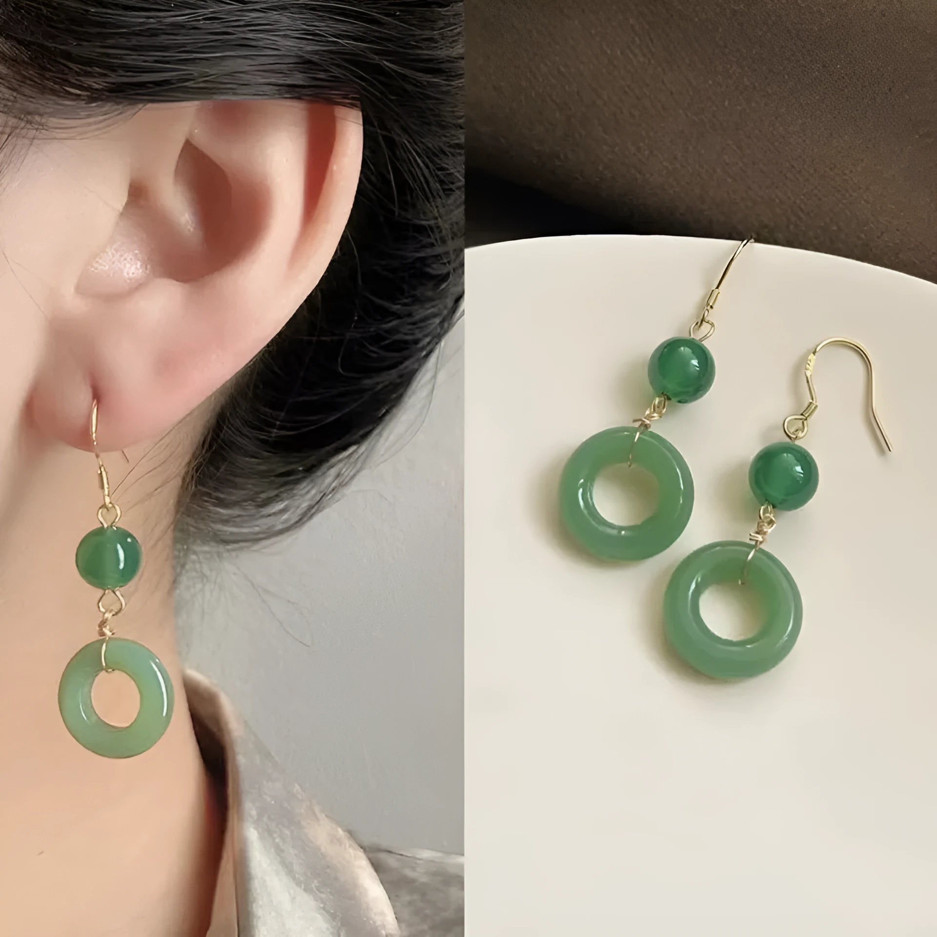 Green Chinese-style geometric peace buckle earrings with zinc alloy construction and gold plating