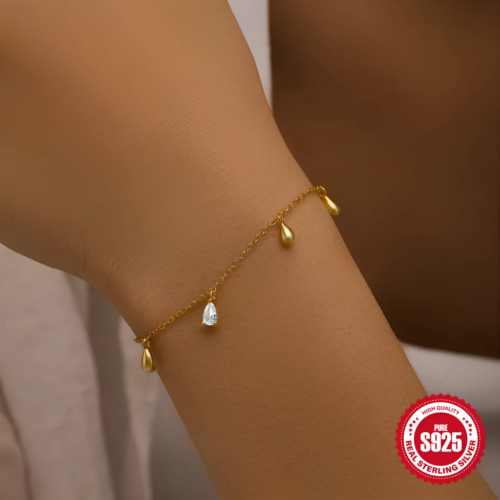 Gold tone S925 sterling silver bracelet with water drop diamond pendant geometric design