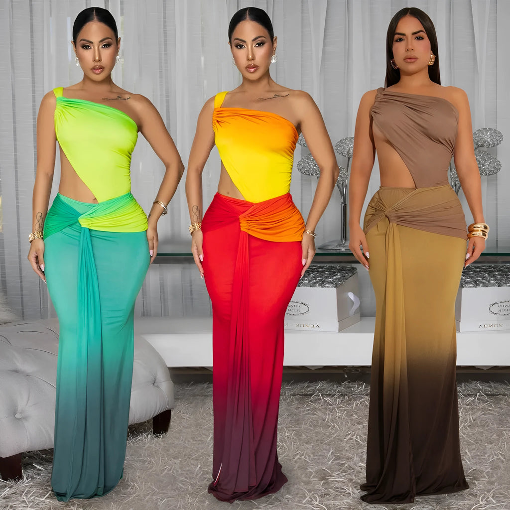 Women's sleeveless cross-shoulder dress in a gradient colour with a high waist and long skirt.