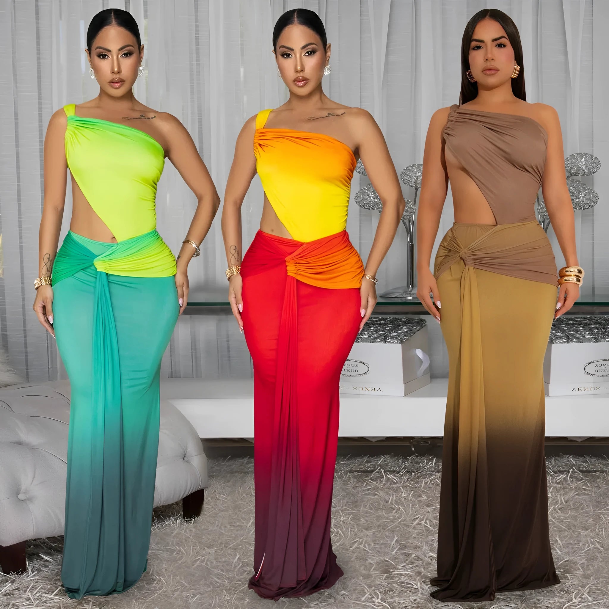 Women's sleeveless cross-shoulder dress in a gradient colour with a high waist and long skirt.