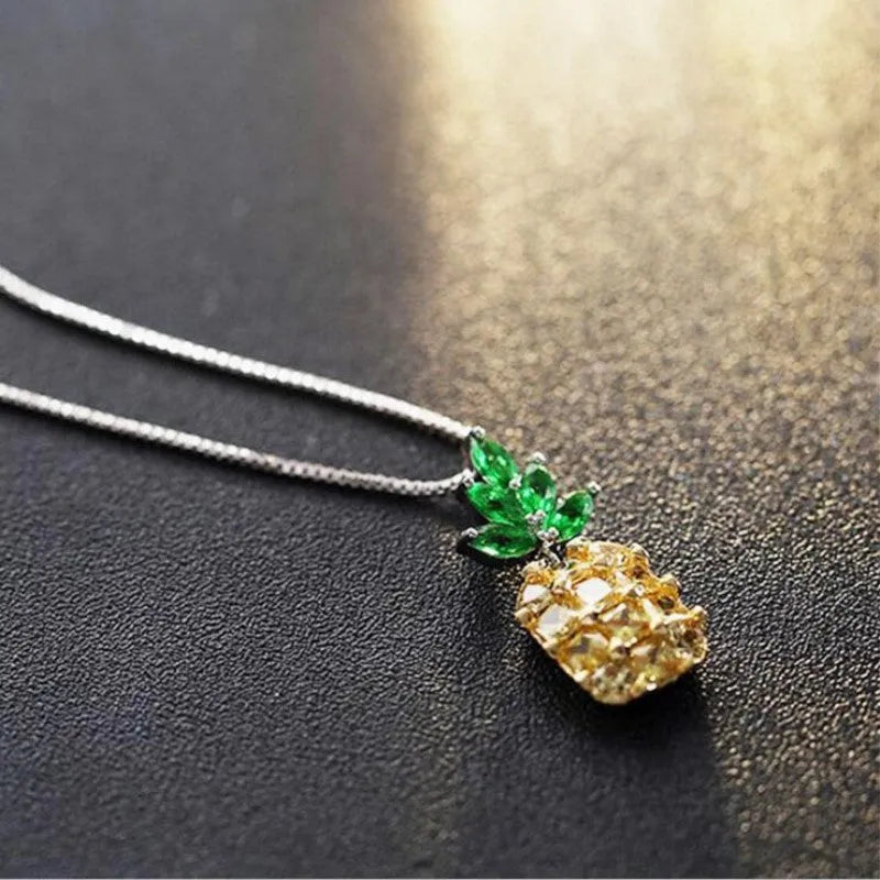 Silver Korean women's necklace with a geometric pineapple and diamond charm on an adjustable chain.