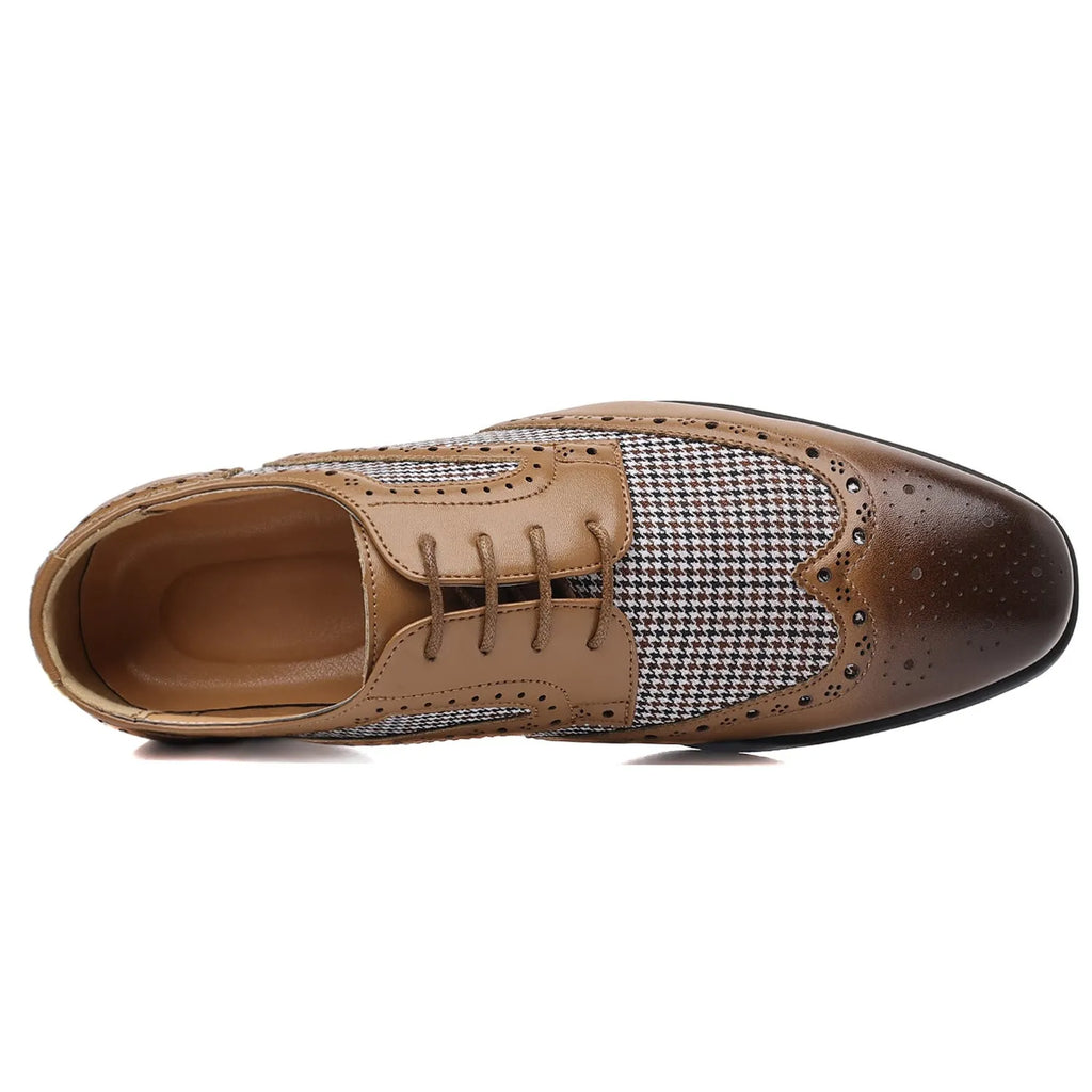 Men's black houndstooth plaid casual leather shoes with square toe and lace-up design