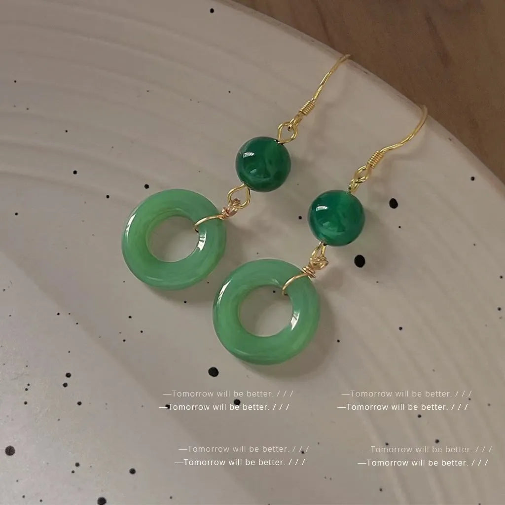 Green Chinese-style geometric peace buckle earrings with zinc alloy construction and gold plating