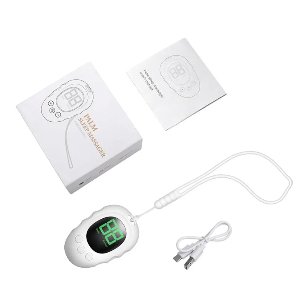 Silicone sleep aid hand grip device in white, black, and green colour options with charging cable
