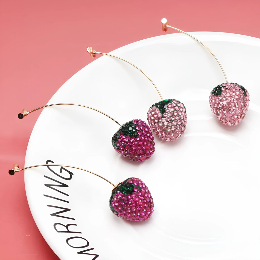 Geometric zinc alloy strawberry earrings for women in red with spot drill detail.