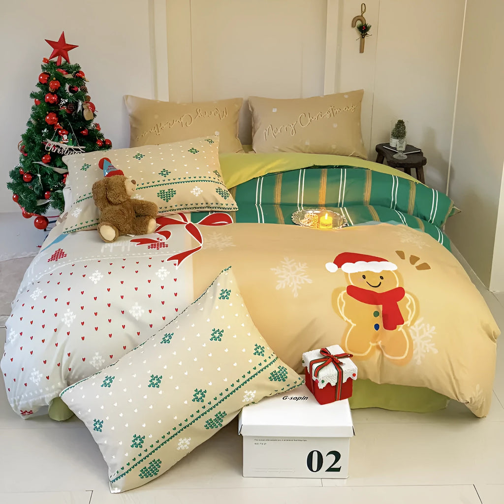 Christmas cartoon printed four-piece bedding set with super soft washed fabric on a bed