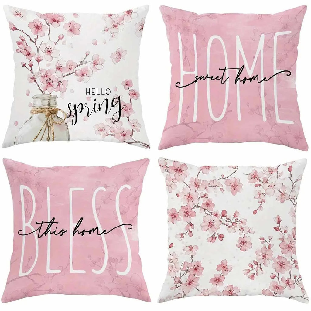 Square short velvet cushion cover with cherry blossom and letter print, 45cm.