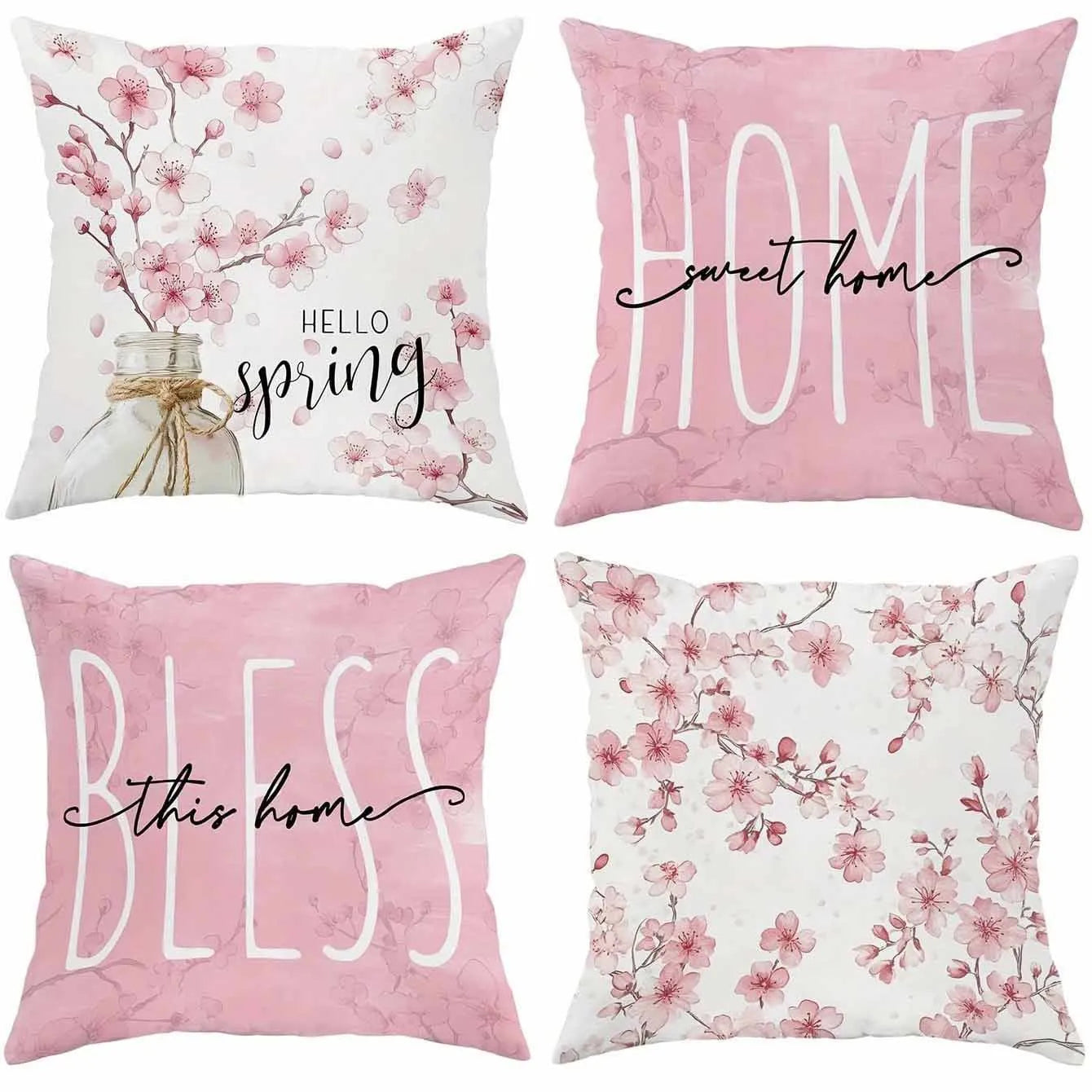 Square short velvet cushion cover with cherry blossom and letter print, 45cm.