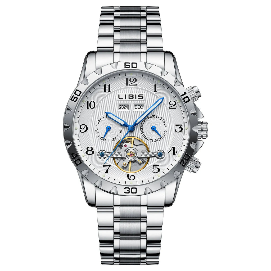 Men's silver automatic perpetual calendar mechanical watch with stainless steel bracelet