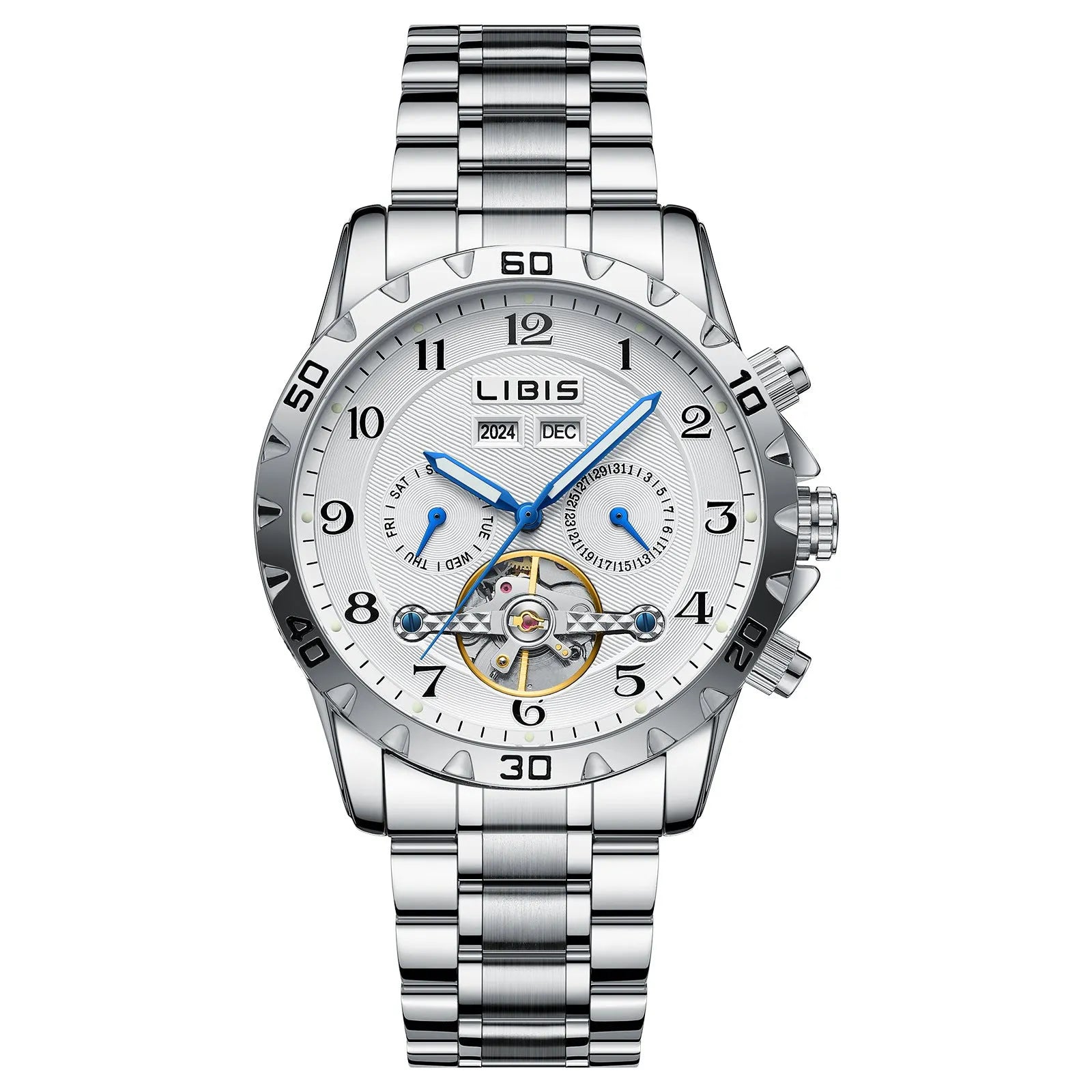 Men's silver automatic perpetual calendar mechanical watch with stainless steel bracelet