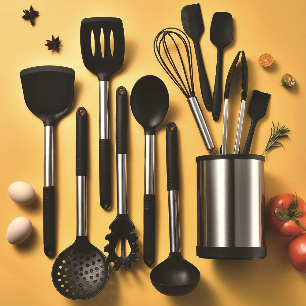 12-piece silicone kitchen utensil set in rotating storage bucket, showing spatula, ladle, and other tools.