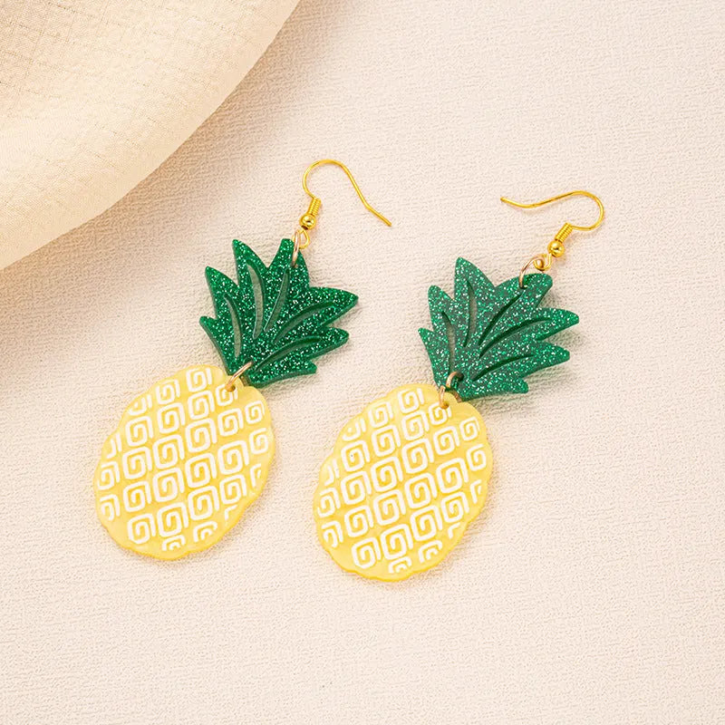 Acrylic drop-shaped earrings with coconut leaf pattern in one of five colours on an alloy hook.