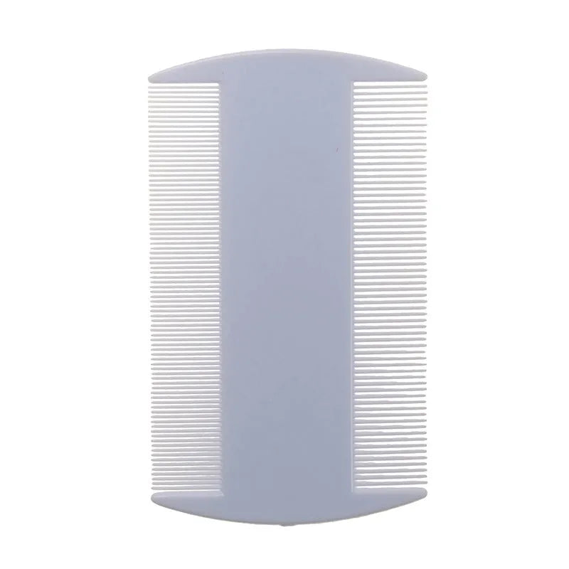A plastic fine-toothed double-edged flea and lice comb in assorted colours, shown at actual size of 8cm by 7.5cm.