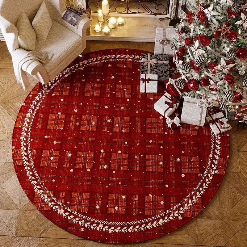 Round red Christmas carpet with festive design and non-slip backing on hardwood floor