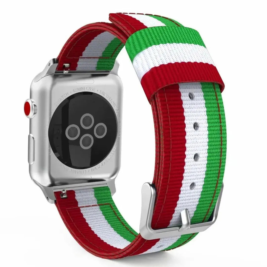 Split nylon canvas watchband in rainbow colour for Apple Watch 44mm on light background