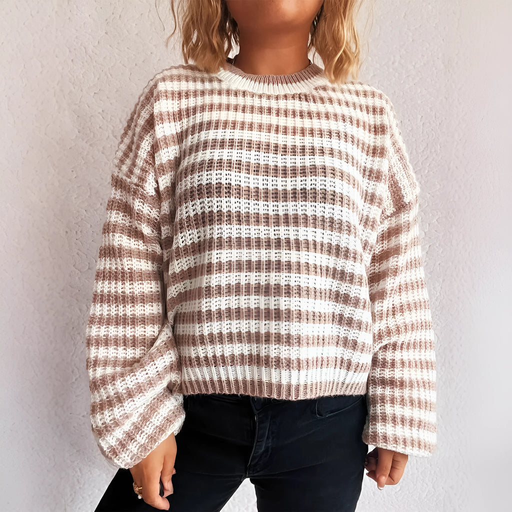 Women's vintage stripe knitted pullover sweater in a loose fit, shown in one of four available colours.