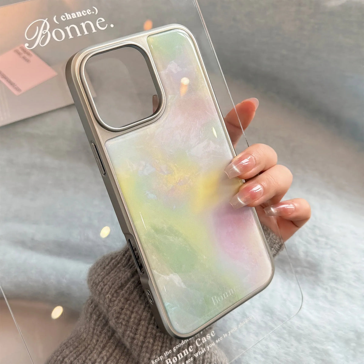 Marbling epoxy phone case with silver edge, green pink marble pattern for iPhone 15 Pro Max