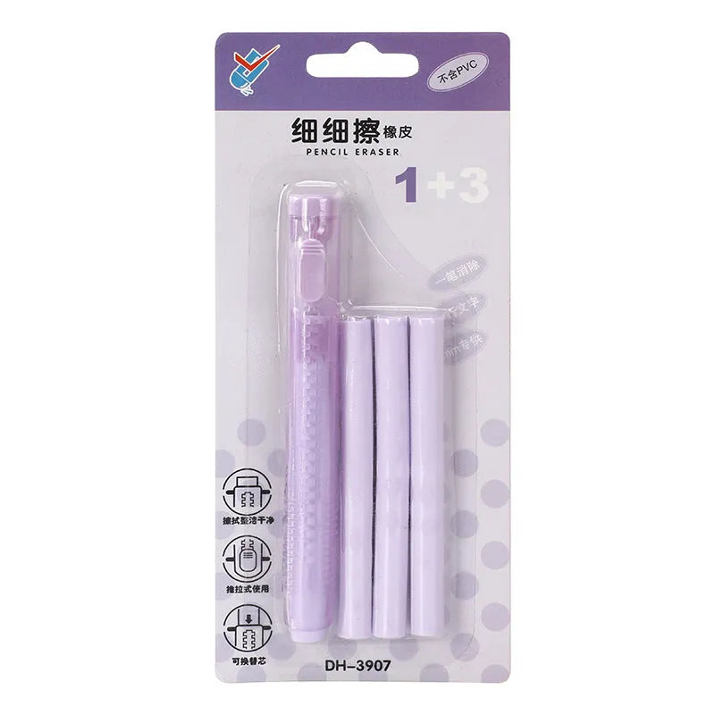 Children's push-type automatic eraser in blue, green, pink or purple measuring 12x8cm