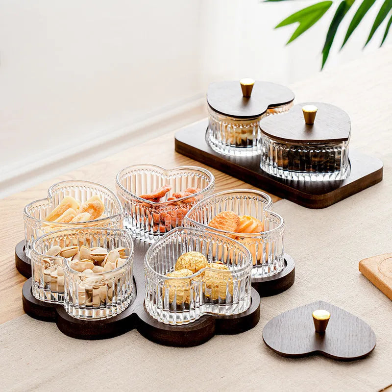 Glass retro serving tray with coloured glaze and heart-shaped transparent lids, available in 2, 3, 4, or 5 grid options.