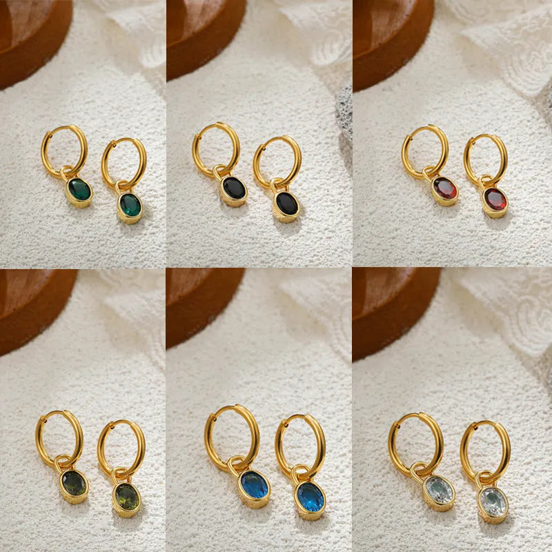 Retro oval zircon earrings for women in copper, shown in one of six colours: white, emerald, army green, black, red, or blue.