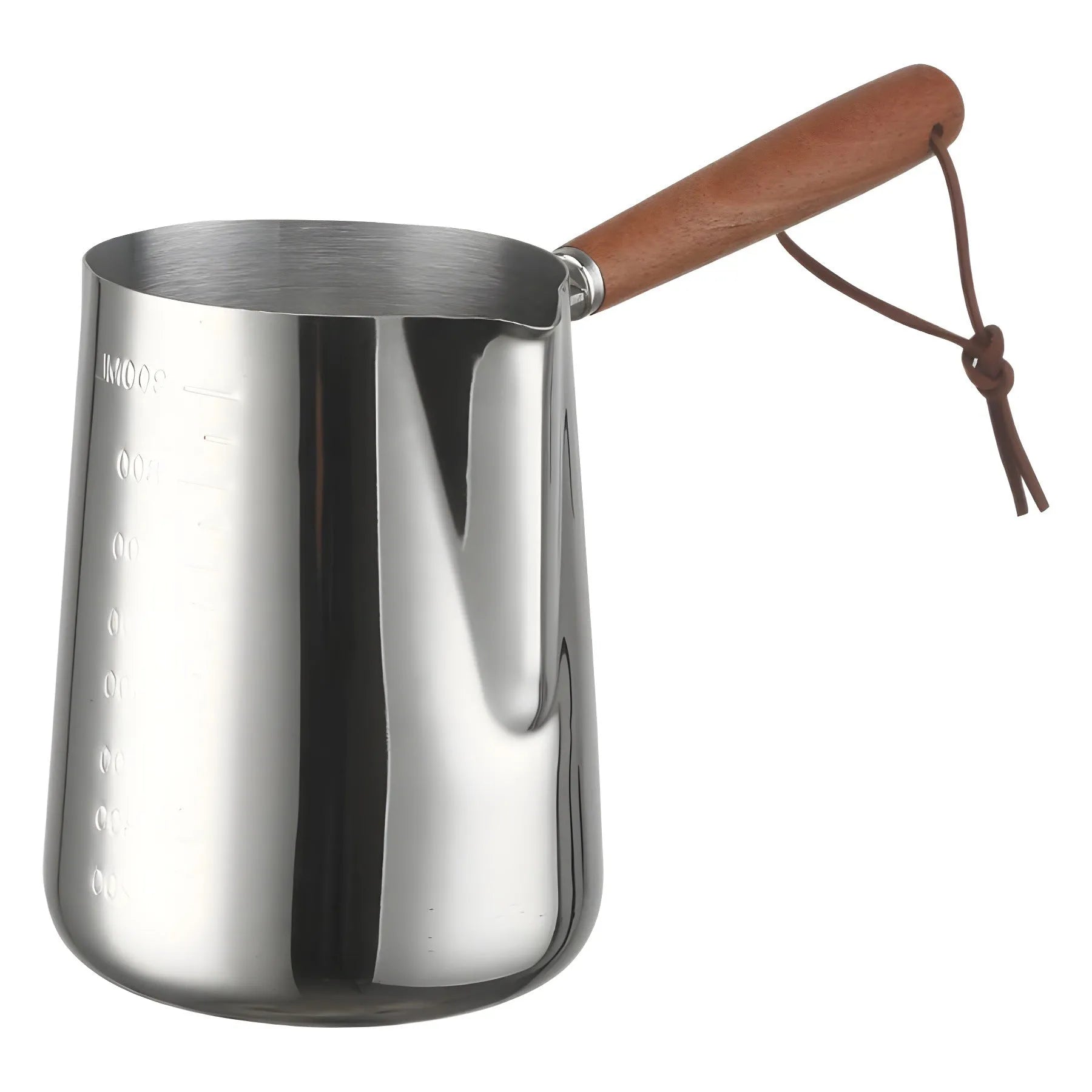 Stainless steel measuring milk cup with wooden handle showing scale markings.