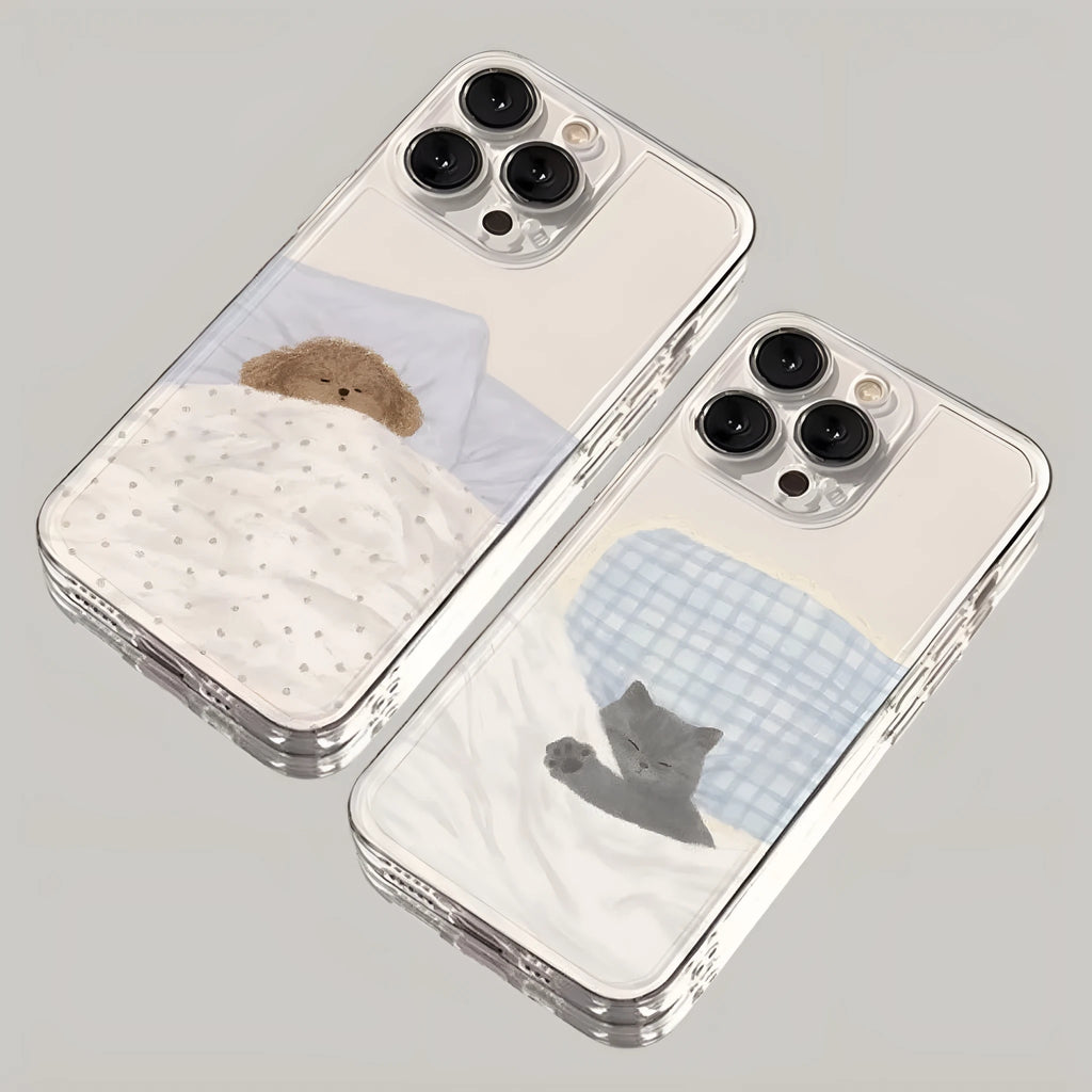 Transparent iPhone case with sleeping cat pattern showing shockproof TPU construction