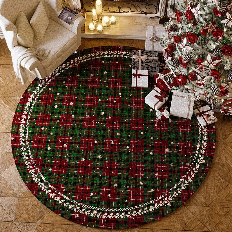 Round red Christmas carpet with festive design and non-slip backing on hardwood floor