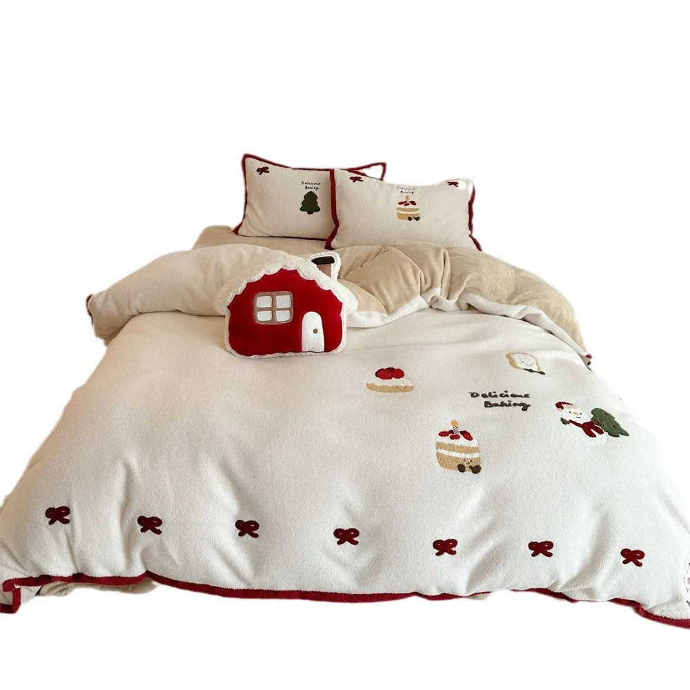 Winter Christmas cartoon bedding four-piece set with snowman design on polyester material