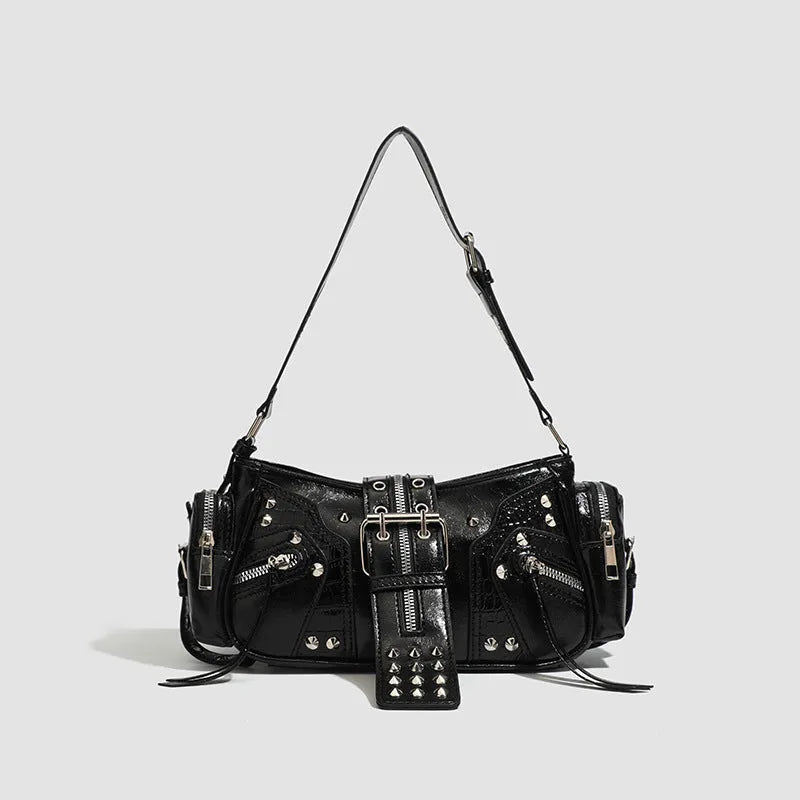 Black dumpling shaped retro shoulder handbag with oil wax PU leather and organisational compartments