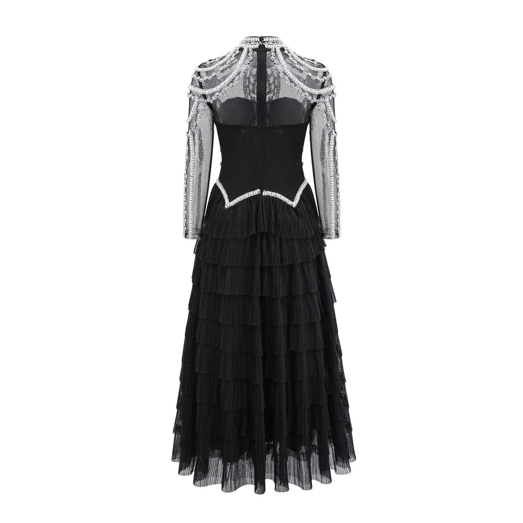 Women's long sleeve black dress with bead decoration on polyester fabric, mid waist design