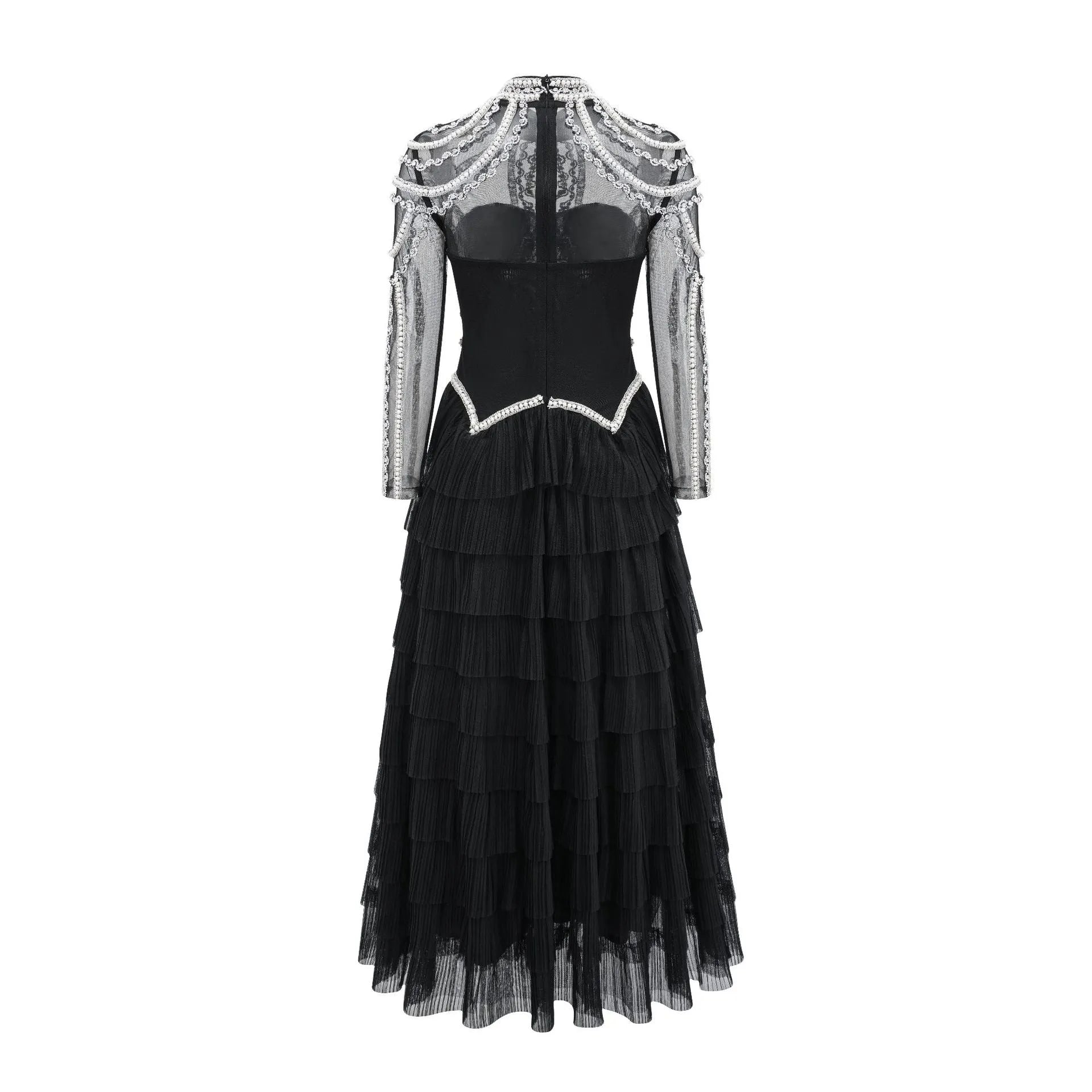 Women's long sleeve black dress with bead decoration on polyester fabric, mid waist design