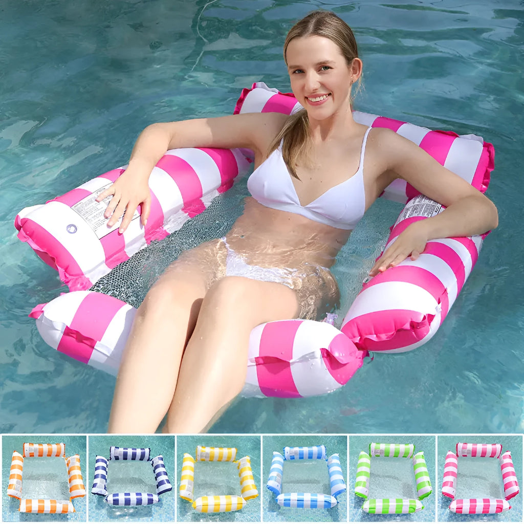 Orange striped inflatable floating deck chair with four tubes and mesh seat on blue water.