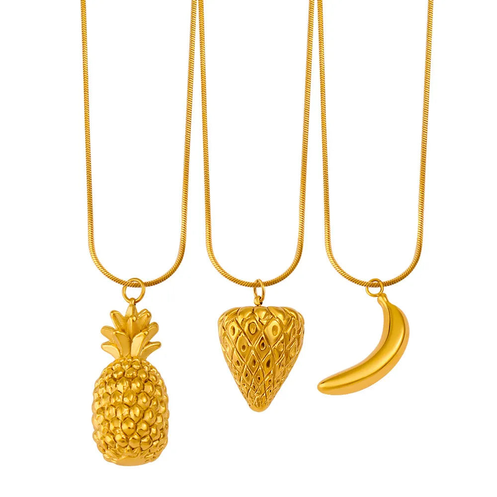 Stainless steel necklace with a detailed fruit-shaped pendant, options include apple, grape, and watermelon.