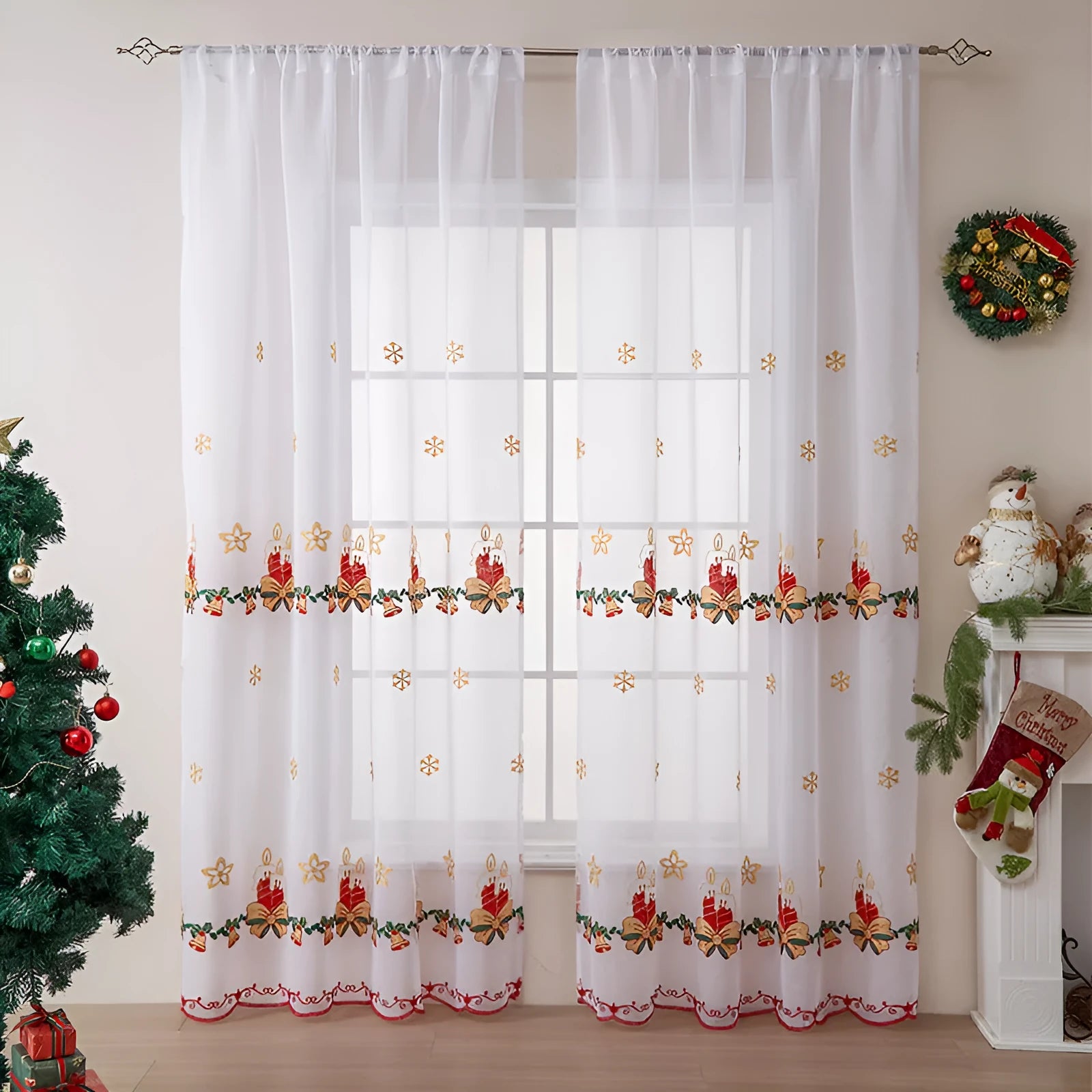 Pair of American Christmas curtains with embroidered snowflake design on polyester fabric